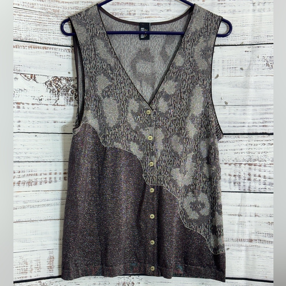 Vivienne Westwood Worlford Top Womens Sz L V-Neck Button Up Blouse metallic vest